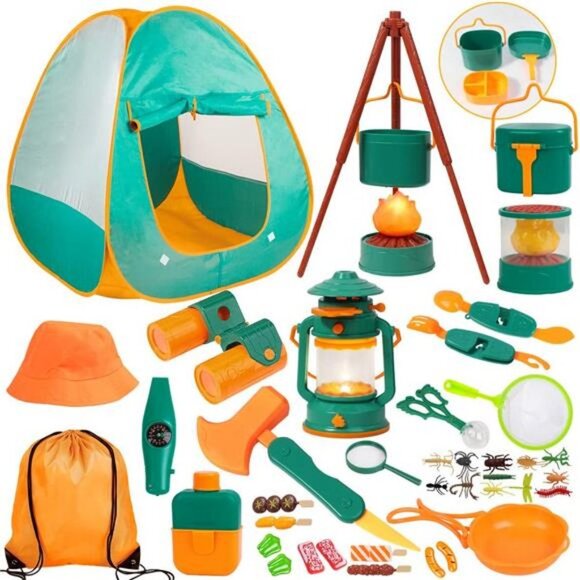Kids Camping Set with Tent 30pcs - Outdoor Campfire Toy Set for Toddlers (Green) - Picture 2 of 7